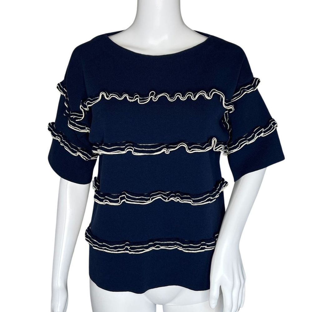 J Crew‎ Sweater Womens Medium Navy Blue White Ruffle Boat Neck Novelty Nautical